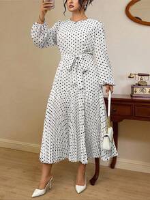 Auvina Vestido midi de talla grande para mujer, elegante, vintage, romántico, para uso diario y de fiesta, con cuello redondo, manga 3/4, lunares, cintura plisada y parches