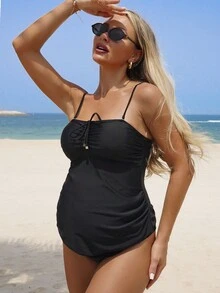SHEIN Swim Lushoire Elegant & Versatile Slim-Fit Bandeau Tankini Set Summer - Black - View 3