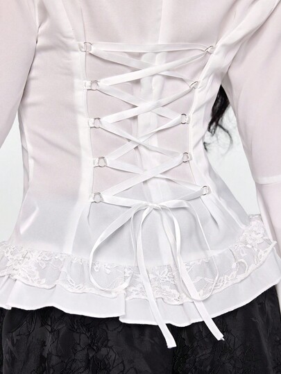 EDITION Blouse femme à manches cloche et ourlet en dentelle de style gothique sombre, convient pour Halloween