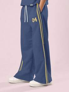 SUMWON 露肩两件套短款上衣和阔腿裤套装运动俱乐部校队号码印花配套服装秋冬系列 - 藏蓝色 - 查看 4