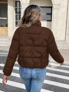 Siren Gaze 女士休闲立领保暖内衬夹克，冬季百搭 - 巧克力棕 - 查看 2