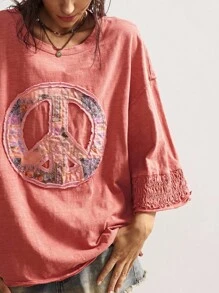 Bohemela 波西米亚风女式休闲复古纯色和平标志贴花休闲针织圆领 3/4 袖宽松水洗 T 恤，西部复古乡村风格度假，适合夏季/秋季/冬季 - 紅色 - 查看 3