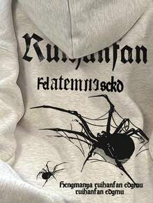 INAWLY 女士蜘蛛标语印花落肩连帽衫 - 淺灰色 - 查看 5