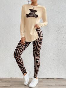 SHEIN Essnce Women's 2pcs Casual Bear Print Side Slit Long Sleeve Top & Geometric Print Leggings Set,Beige,Autumn,Cute,Everyday Fall Lounge Outfits Two Piece Set - Apricot - View 3