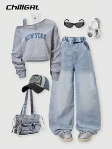 SHEIN 2pcs/Set Tween Girls Loose Casual Strap Shoulder Print Sweatshirt And Light Blue Denim Pants Sets, Suitable For Daily Commute, Casual Streetstyle, Gatherings, Spring/Summer New York Outfit Jean Outfit Set Y2k Outfit Fall Winter