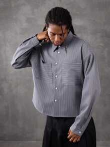 PAVTROS 男士条纹落肩前扣短款时尚长袖衬衫，秋季 - 彩色 - 查看 5