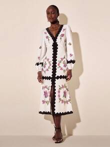 CAJUNI Women's V-Neck Lantern Sleeve Vintage Colorblock Floral Pattern Maxi Dress, Vacation Style