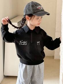 SHEIN Little Byeori Young Girls' Casual Letter & Bow Embroidery Crew Neck Sweatshirt,In Fall/Winter - Black and White - View 1