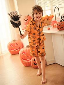 Halloween Tween Boy Spider Web Print Short Sleeve Lapel NeckSingle-Breasted Top And Shorts Pajama Set - Multicolor - View 4