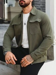 Manfinity Homme Military Green Fitted Washed Denim Jacket With Large Pockets, Casual For Spring/Summer Men Zip Up Shirt Y2K Acid Washed For Slim-Fit - Army Green - View 3