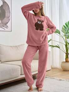 EURMUSE 2pcs Plush Bear Embroidery Detail Homewear PJ Set - Dusty Pink - View 5