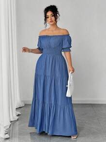 Auvina Đầm Maxi giản dị thanh lịch xẻ tà bên hông, màu xanh trơn giả denim cho nữ cỡ lớn mùa xuân/hè - Màu xanh lam - Xem 7