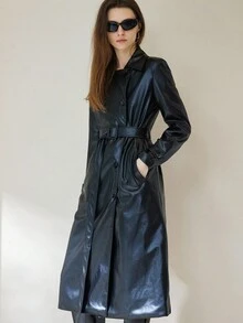 GENKIRA Cappotto lungo in pelle PU con colletto alla coreana, doppio petto, cintura, tinta unita, stile europeo e americano, versatile - nero - Visualizzare 5