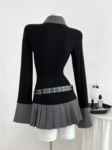 Elamini 1 件女士黑色短裙，适合日常穿着、通勤、返校季、优雅、复古、通勤、二合一褶皱、返校季日常、休闲、学院风 - 黑色 - 查看 2