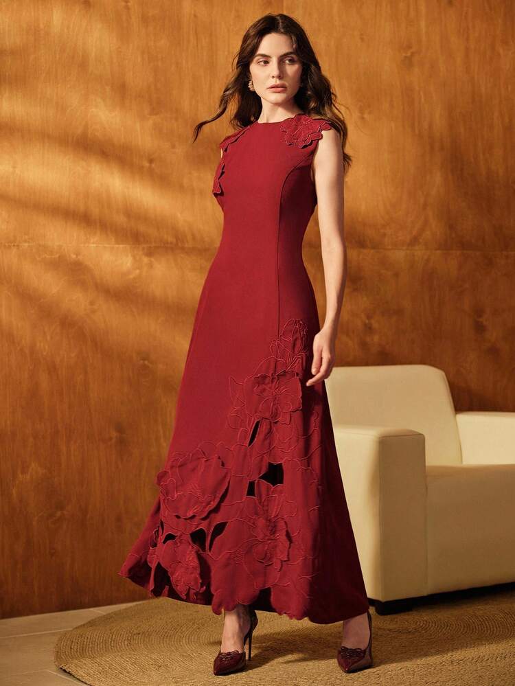 Women's Elegant Embroidered Hollow-Out Fitted Burgundy Red Sleeveless Dress, Suitable For Formal, Party, Chic, Work, Graduation, Wedding