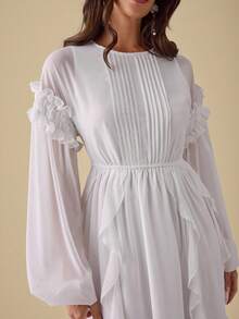 女士优雅纯色灯笼袖连衣裙 - 白色 - 查看 2