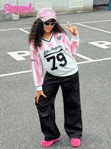 SHEIN Explorewe Streecool Tween Mädchen V-Ausschnitt rosa gestreifter Patchwork Langarm Sweatshirt mit Seitentasche und Cargohose 2-teiliges Set, modisch für Schule, Campusaktivitäten, Sport