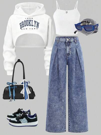 Girlism 少女复古90年代优雅提花褶裥休闲高腰阔腿牛仔裤，秋冬款