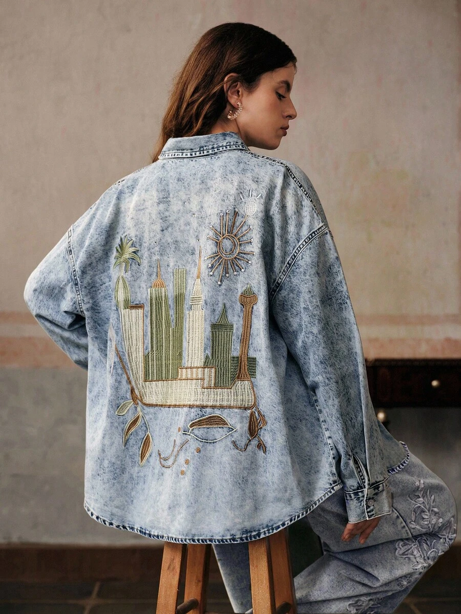 Anewsta Fashionable Embroidered Blue Denim Blouse - Blue - View 1