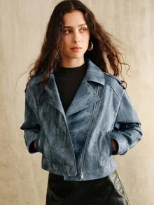 Anewsta Women's Denim Effect Jacket, Suitable For Autumn, Winter, Going Out, Elegant, Formal, Party, Chic, New Year, Christmas, Work, Graduation, Wedding