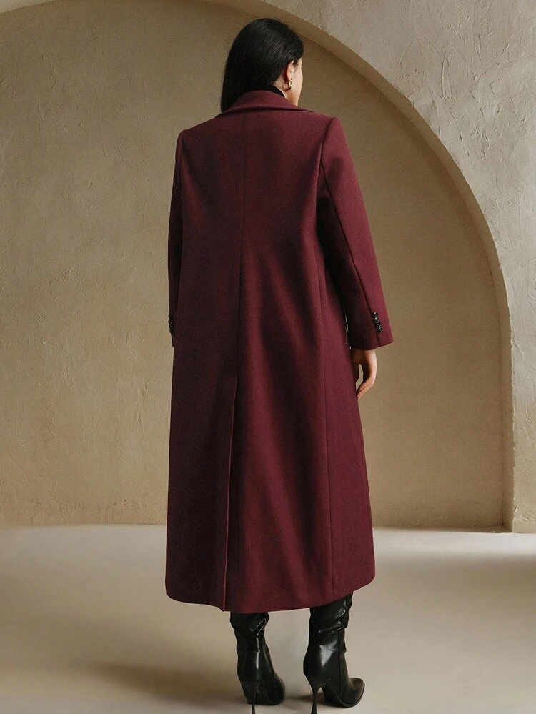 Plus Size Women's Elegant Romantic Chic Wine Red Silhouette Single-Breasted Overcoat, Autumn/Winter