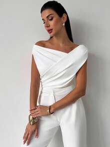 Firerie Women's Elegant Minimalist Chic Fashion Casual Daily Commuting Music Festival Vacation Asymmetric Ruffled White Bodysuit, Spring/Summer, Graduation Dress