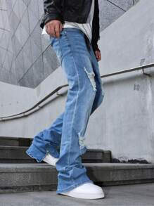 Manfinity EMRG 男士破洞牛仔裤，时尚适合夏季 - 中等水洗藍 - 查看 8