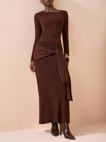 Zivah 2025 Summer New Music Festival, Easter, Mother's Day, Wedding Season, Wedding Attendance, Birthday Party, Daily Casual, Basic Versatile, Leisure, Cruise Travel, Beach, Sunbathing, Viral , Street Style, Elegant, Commute, Business, Pleated Ruffle Sleeveless Top And Pleated Skirt 2 Pieces Knit Brown Set For Women In Fall/Winter - Brown - View 7