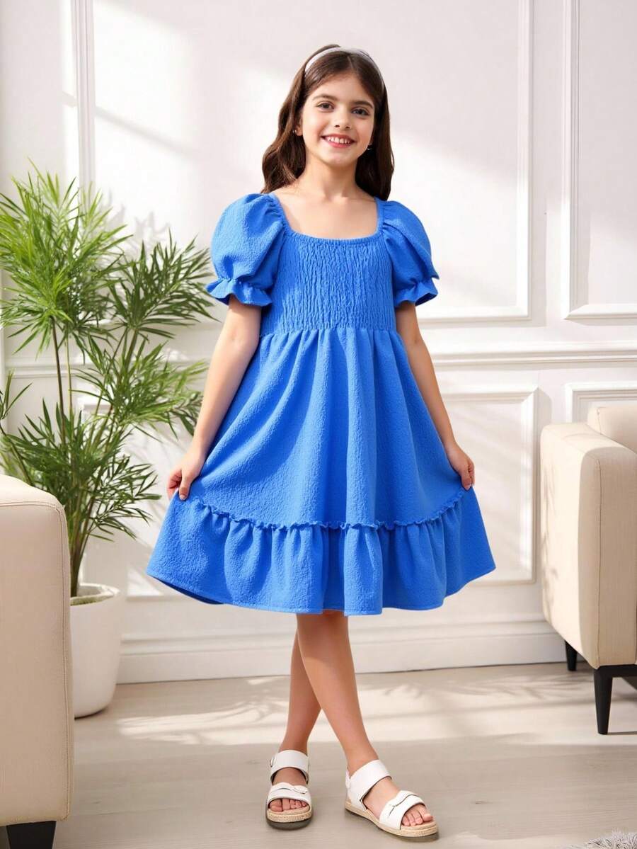 中小學女孩春夏季純色蓬蓬袖休閒裙,配有褶皺 - 藍色 - 查看 1