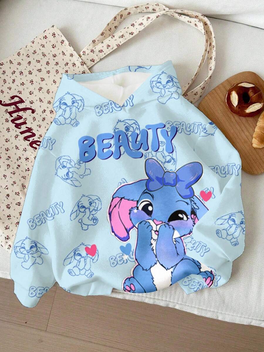 SHEIN Leap Crew 少女可爱卡通蓝色兔子图案连帽长袖卫衣，海洋蓝休闲宽松舒适加厚柔软款，适合秋冬季节穿着，轻松舒适，秋季叠穿，时尚休闲，图案卫衣，返校季，返校节，休闲百搭。 - 彩色 - 查看 1