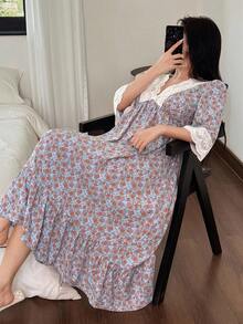 DAZY Romantic Floral Lace Patchwork V-Neck Waist Cinched Women's Nightgown, Fall Pajama, Winter - Mauve Purple - View 7