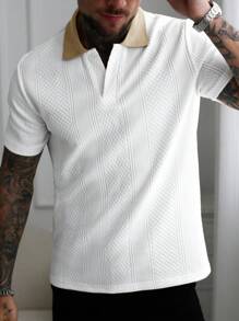 Manfinity Homme 男士撞色短袖休闲通勤 Polo 衫，复古风 - 白色 - 查看 2