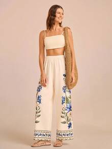 CAJUNI Women's Vacation Apricot Base Blue & Pink Daisy Floral Print, Elastic Waist Straight Leg Pants With Placement Print, Summer Vacation Trousers