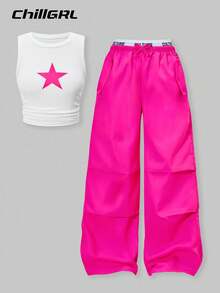 SHEIN 2pcs/Set Teenage Girls Star Print Drawstring Tanks & Cargo Pocket Color Block Pants Set, Streetwear Casual Outfit, Spring/Summer Summer Holiday