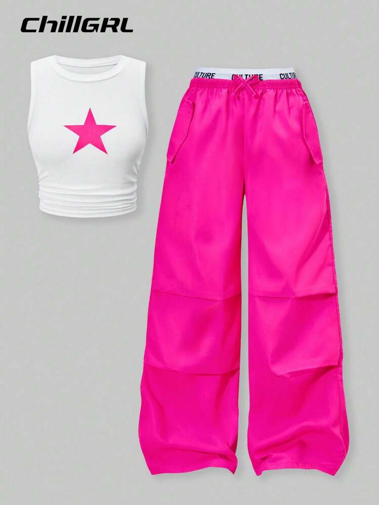 ChillGRL Set de 2 piezas de top de tirantes con estampado de estrellas y pantalones cargo de bloques de color para niñas preadolescentes, conjunto de ropa casual de estilo urbano para primavera/verano y vacaciones de verano - Rosa Fucsia - Ver 1