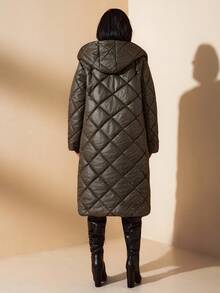 EURMUSE Women, Winter, Long Sleeve, Rhinestone, Quilted, Long Length, - Khaki - View 2