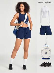 GLOWMODE Sleeveless Contrast Striped Racerback Cropped Sports Tank Low Impact Yoga Studio Gym Daily Summer - Navy Blue - View 7