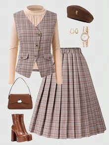 3pcs Set: Button Decor Sleeveless Top + Round Neck Undershirt + Mid-Length Pleated Skirt - Khaki - View 4