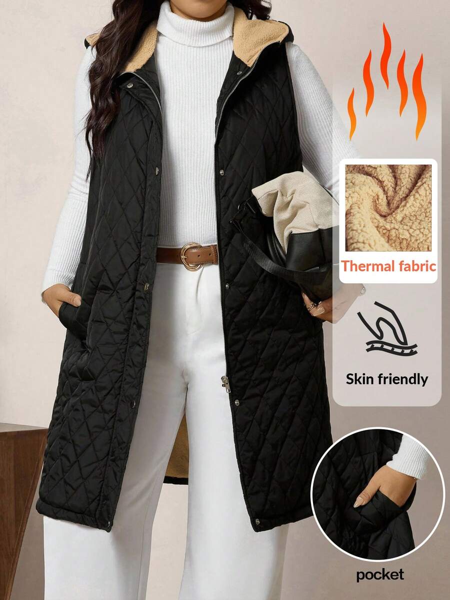 Zelara Women's Plus Size Black Quilted Padded Vest,Minimalist Sleeveless Solid Color Winter Coat,Casual Hiking Outerwear,Autumn Fall Clothes For Business - Black - View 1