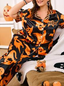 Chillnights 大码万圣节鬼魂撞色印花缎面开衫睡衣套装，休闲 - 彩色 - 查看 4