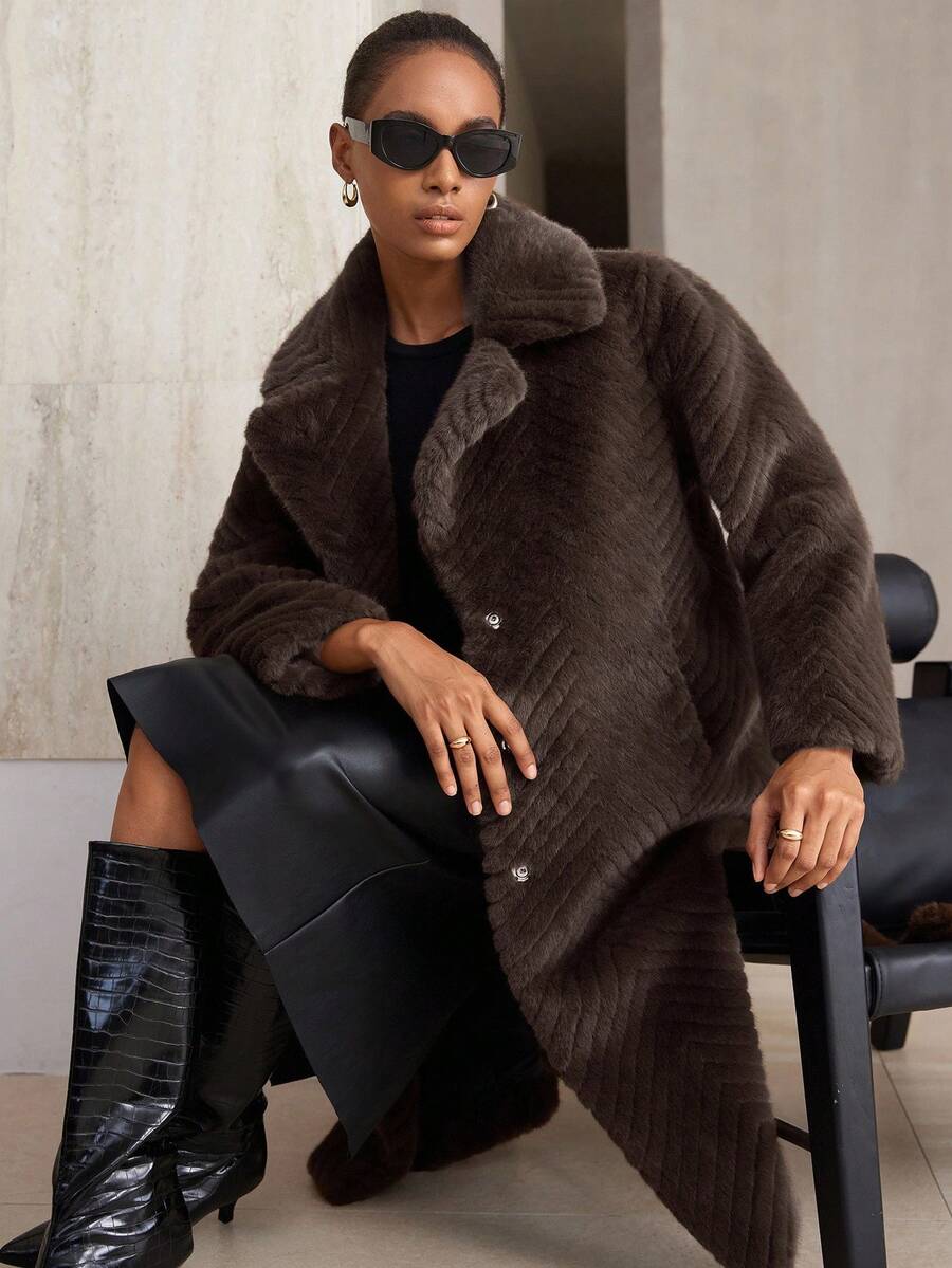 Aveloria Modichic Winter New Lapel Long Over-The-Knee Faux Fur Coat - Brown - View 1