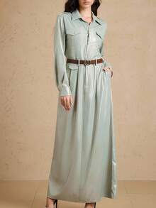 Briarwyn Sage Green Elegant Office Long Sleeve Maxi Shirt Dress,Autumn Fall Clothes For Women,Solid Color Extra Long Fashionable Commute Old Money Outfits - Green - View 6