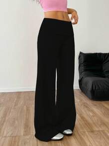 SHEIN EZwear 大码女式纯色翻边腰阔腿宽松休闲裤 - 黑色 - 查看 6