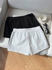 Comfortcana Bộ 2 quần short cạp chun màu tương phản dành cho nữ, mùa hè - Đen và trắng - Xem 2