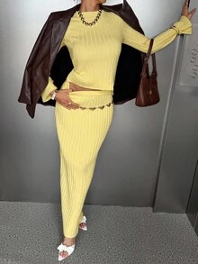 Siren Gaze 新款秋季保暖女式纯色罗纹针织长袖上衣和裙子套装 - 黃色 - 查看 1
