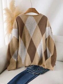 CosyJoli 大码女式菱形图案落肩长袖单排扣针织开衫，秋季女式开衫钻石开衫棕色开衫菱形开衫女式开衫棕色开衫 - 彩色 - 查看 2