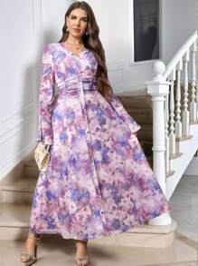SHEIN Clasi Curvy Plus Size 女式紫色优雅花卉印花高弹力网眼印花长袖荷叶边袖腰长裙，2025 年新款，加大码优雅浪漫花卉印花 V 领宽松喇叭袖连衣裙 - 紫色 - 查看 9
