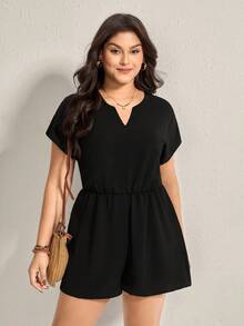 Comfylo Plus Size Women Fashion Solid Color Short Sleeve V-Neck Jumpsuit - Black - View 6
