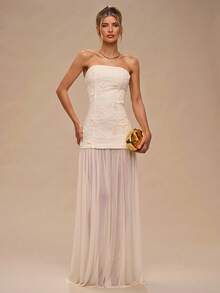 SHEIN BAE 杏色无袖甜心领纹理 3D 刺绣网眼下摆优雅连衣裙，适合优雅场合、生日、伴娘、婚礼宾客 - 杏色 - 查看 5