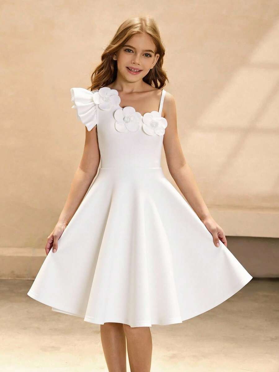 Váy ngắn màu trơn cạp cao tay bồng vai bất đối xứng thời trang thanh lịch dành cho bé gái tuổi mới lớn với họa tiết hoa ngọc trai giả 3D, thích hợp cho lễ tốt nghiệp, đám cưới, phù dâu, những dịp trang trọng, Giáng sinh, tiệc Halloween - trắng - Xem 1